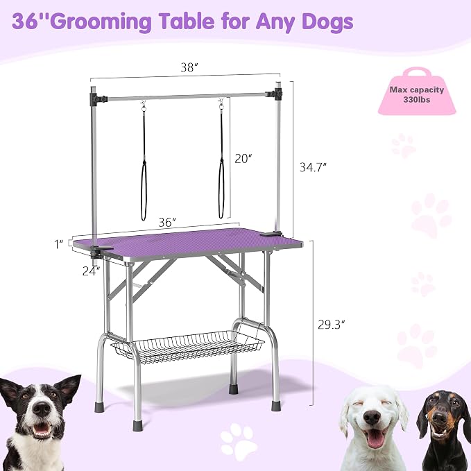 36'' Stainless Steel Pet Dog Grooming Table, Arm/Noose/Tray, Purple | Foldable Dog Grooming Table for Dogs at Home, Adjustable Height Arm, Non-Slip Waterproof Tabletop, Capacity 330Lb