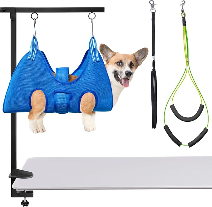 Dog Grooming Arm with Hammock, Height 27"-38", Size M, Blue | Foldable table arm with no-sit holder and restraint loops; ideal for small and medium pets at home or in salons.