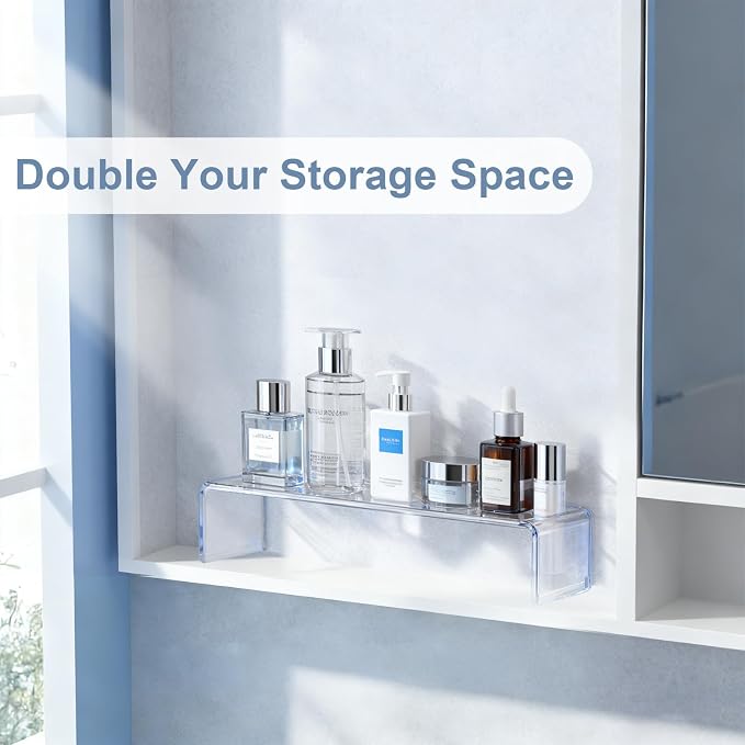 2 Pack Acrylic Medicine Cabinet Organizer Clear Shelves 2 Small | Includes 2 Small 11.4 x 3 x 3.7 Inch Bathroom Shelves with 2 Non Slip Pads for Vanity RV and Cabinet Storage