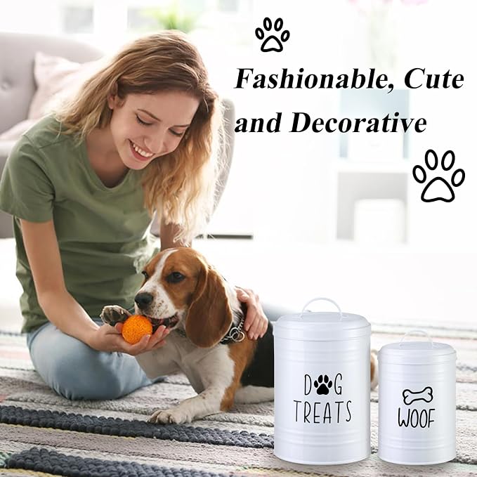 Dog Treat Container Airtight Set of 2, 9x5.5''&7x4'', 12Cup Capacity(White) | Large Capacity Dog Treat Jar Suitable All Popular Treats,Airtight Lid Keep Food Fresh,Dent-Resistant Durable Metal Cookie Jar
