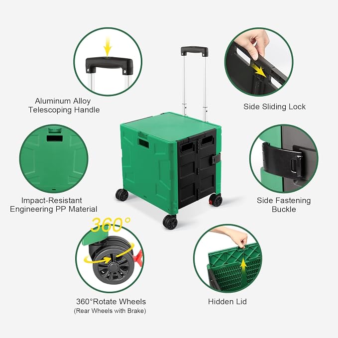 FELICON Folding Utility Cart Rolling Crate Handcart Basket-Dark Green+Black | Collapsible Hidden Lid,Plastic Box,Telescoping Handle,4 Rotate Wheels for Travel Shop Move Grocery Laundry Office Teacher Use