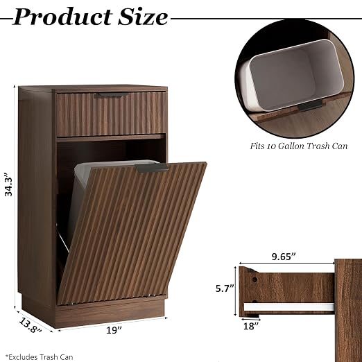 10 Gallon Tilt Out Trash Can Cabinet,Fluted Tilt Out Laundry Hamper Cabinet with Drawer,Wooden Trash can for Kitchen and Living Rooms