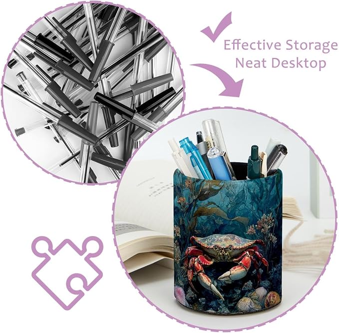Faux Leather Pen Holder for Desk, Pencil Organizer Crab Pen Cup Desk Decor Makeup Brush Holder Storage for Office Home