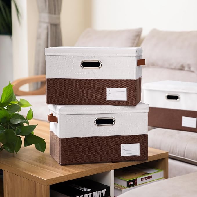 Foldable Storage Bins with Lids [3-Pack] Fabric Collapsible Storage Boxes Baskets Cubes Containers with Handles for Closet Living Room Bedroom (Brown & White 14.9x9.8x9.8'')