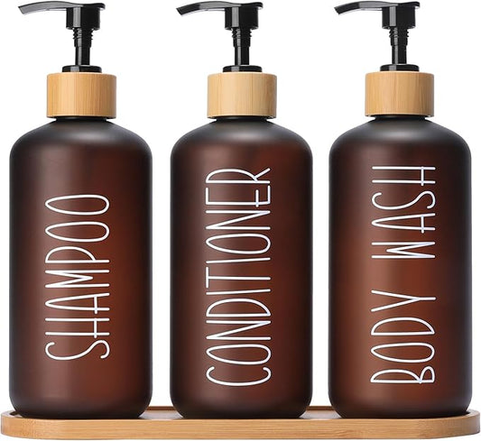 MOMEEMO Amber Shower Dispenser Set, Contains 3 Extra-Thick PET Plastic Bottles with Bamboo Pumps, Shampoo and Conditioner Dispenser for Shower Perfect for Modern Bathroom Decor. (Amber)