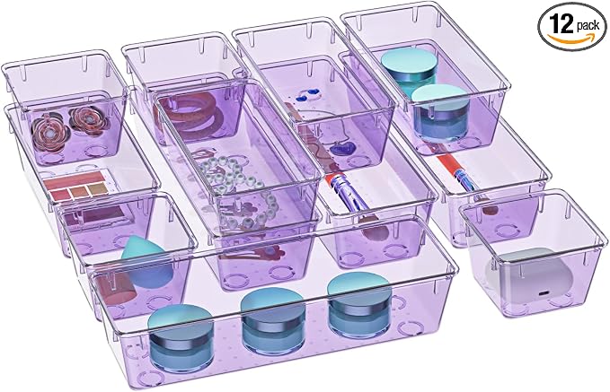 12 Pack Clear Drawer Organizer Set, Drawer Storage Trays, Storage Bins | Acrylic Drawer Storage Trays, Storage Bins for Makeup, Cosmetics, Jewelries, Utensils, Gadgets, Office
