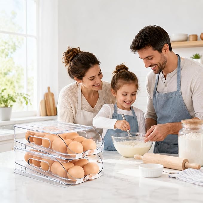 SMRCAD 24-Egg Dispenser with Silicone Bumpers, Auto-Rolling, Stackable | BPA-free food-grade PET | Stackable with lid | Built-in handle | Fits Large to Jumbo Eggs | Hand wash only