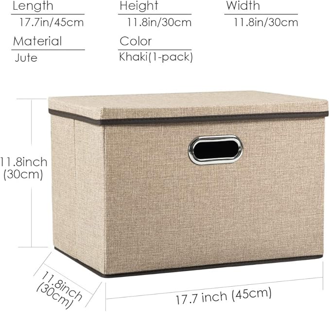 Large Collapsible Storage Bins with Lids [1-Pack] Jute Fabric Foldable Storage Boxes Organizer Containers Baskets Cube with Cover for Home Bedroom Closet Office Nursery (17.7x11.8x11.8)