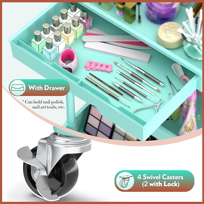 SUNALLY Makeup Cart Organizer with Drawer, 4 Tier Rolling Makeup Cart, Blue | Rolling Vanity Storage for Skin Care Perfume Nail Polish, Floor Skincare Organizers Cosmetics Display Bathroom Storage Cart