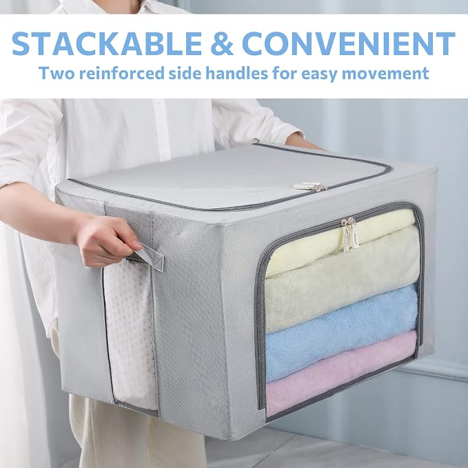 CYhom 3Pack Frame Storage Box - Clothes Storage Bin Bags Oxford Fabric Foldable Stackable Container Organizer Set with Clear Window & Carry Handles (Grey, X-Small-36L)