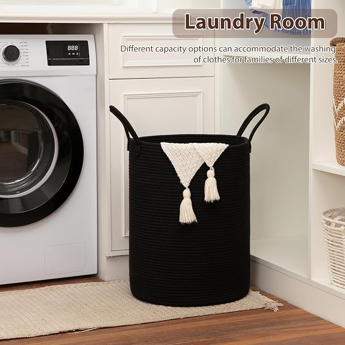 OIAHOMY 60L Nursery Hamper Laundry Basket Laundry Hamper Black | collapsible Blanket Basket Cotton Rope Woven Basket Dirty Clothes Hamper Baby Hamper Tall Clothes Hamper with Handles