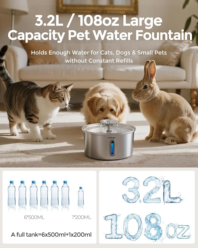 Invengo Cat Water Fountain Stainless Steel 3.2L/108oz, Automatic Pet Fountain for Cats & Dogs, Ultra Quiet <25 dB Pump, LED Water Level Window, Easy to Clean