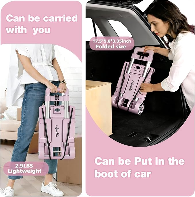 Folding Dolly Pink Hand Cart,Folding Hand Truck Aluminum Trolley | Small Dolly, Foldable Hand Cart 2 Wheel Luggage Trolley Expandable Large Chassis Foldable into Backpack Car Trunk