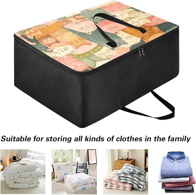 Comforter Storage Bags Large Folding Blanket Organizer Bag with Strong Handles Clear Window Closet Storage Containers for Clothes King Queen Pillows Bedding Quilt Duvet Orange Pink Cat
