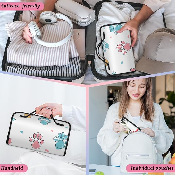 Paw Print Makeup Bag for Women Hanging Roll-Up Travel Organizer Toiletry Kit with 4 Removable Compartments, Puppy Dog Paw