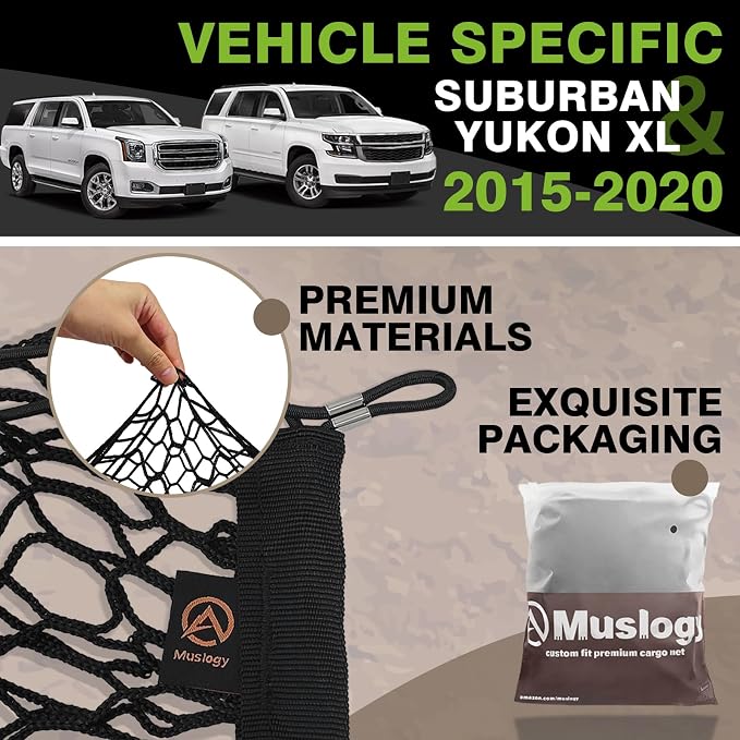 Muslogy Cargo Net for 2015-2020 Chevy Suburban | GMC Yukon XL Accessories | Custom Fit, Trunk Storage Organizer Net for SUV Sedan Van Divider, with Heavy Duty Carabiners, Night Visible Grab Handle