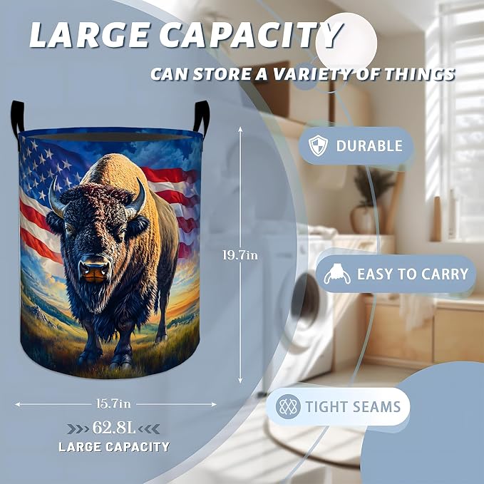 Patriotic Bison Laundry Basket, Wild Animal American Flag Storage Hamper, Round Collapsible Waterproof Cloth Bin, 19.7x15.7 Inch Rustic Clothes Organizer Gifts for Bathroom Decor