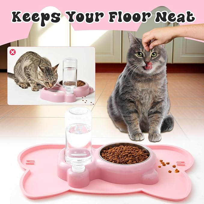 Pink Cat Food and Water Bowl and Non-Slip Silicone Mat Set Stainless Steel Food Bowl with 18.6oz Large Capacity Water Dispenser for Cats and Small Dogs