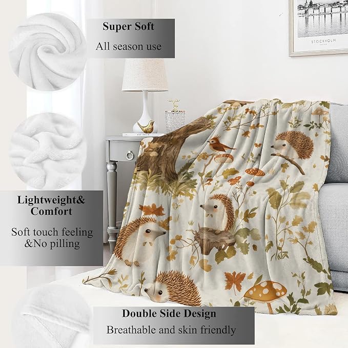 Hedgehog Blanket,60x80in,Cute Woodland Forest Scene Mushroom and Bird Throw Blankets,Gifts for Kids Adult & Nature Lovers, Lightweight Soft Fleece,for Sofa Couch Bed Room Retro Decor