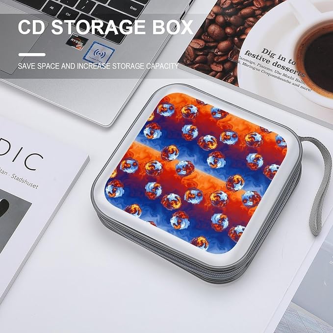 Hard Plastic CD/DVD Organizer Red Blue Ice Water Fire Flame, 40-Disc Storage Binder with Zipper, Portable Protective Case for Car Office