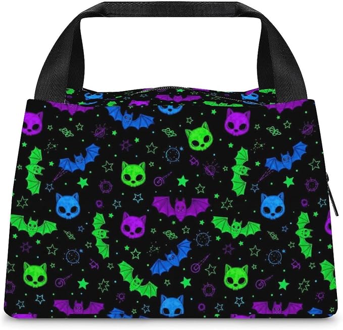Insulated Lunch Cooler Bag with Handle, Neon Witch Bats | Leakproof Snack Tote, Cute Food Storage Bag, for Drinks Fruits Meals, Portable and Reusable