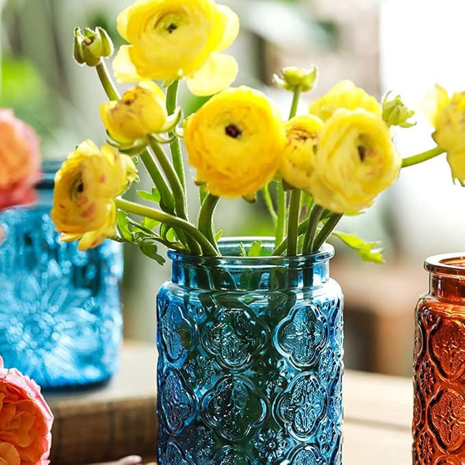 4 Pack Vintage Glass Storage Jars, 23.7 oz Begonia Flower Kitchen Canisters | Coffee Bean Container, Tea Organizer, Sugar Holder, Candy Cookie Keeper, Pantry Countertop Decor, Laundry Detergent Organizer