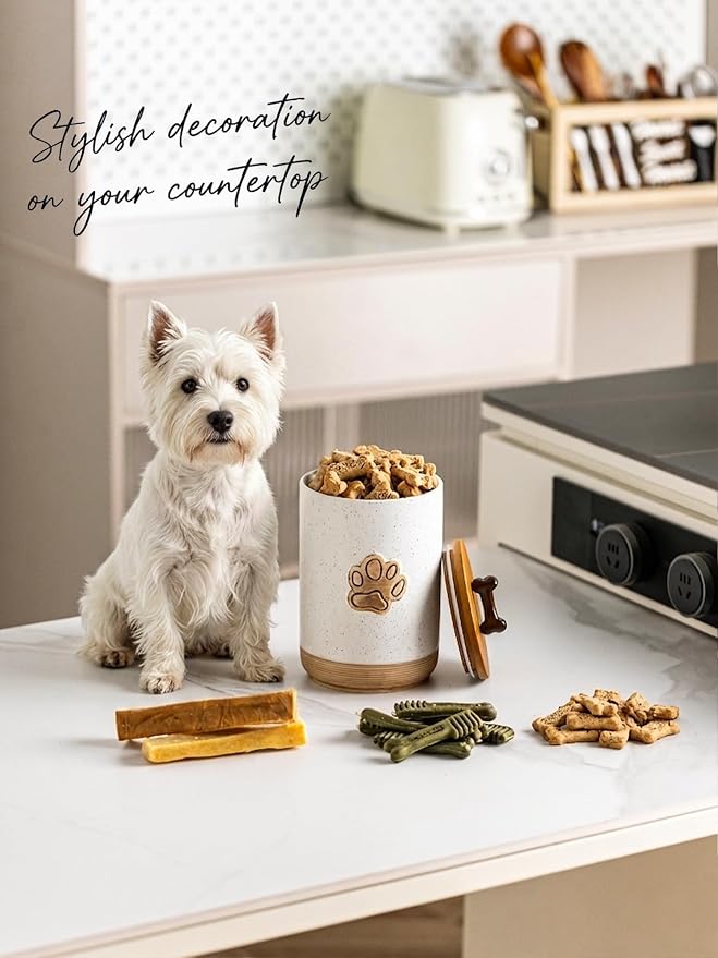 Miamolo Dog Treat Container with Lid, Airtight Dog Treat Jar for Countertop | 8 Cups Ceramic Small Dog Food Canister | Decorative Training Dog Cookie Jar with Handle | Premium Pet Gift, Paw Dotted White