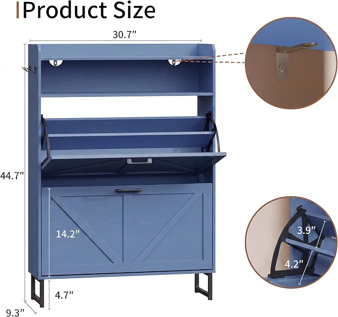 Xixini Shoe Storage Cabinet with 2 Flip Drawers, Entryway Shoe Rack, Blue | Freestanding Narrow Shoe Storage, Hidden Slim Wood Shoe Organizer, Modern Farmhouse, Open Storage & Hooks for Closet, Hallway