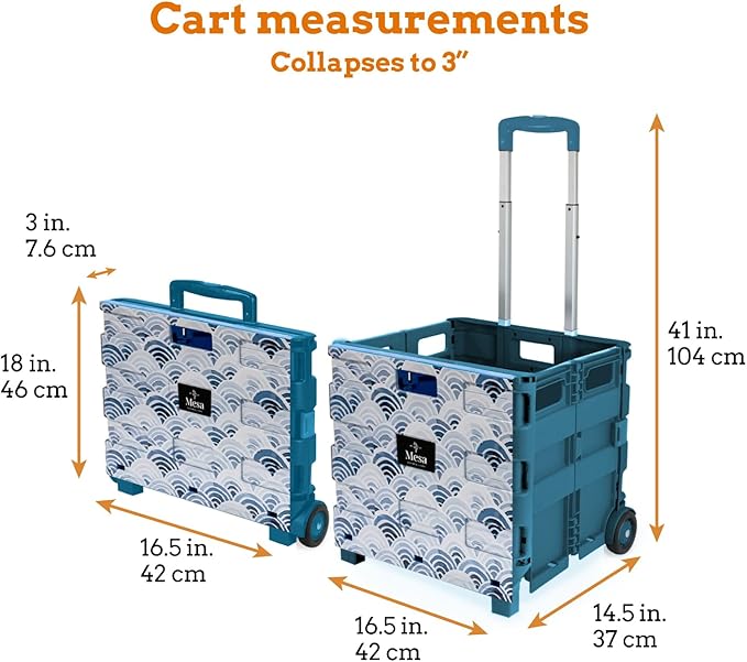 Inspired Living Ultra-Slim Rolling Collapsible Storage Pack-N-Roll Utility-carts, with Telescopic Handle, for Home, Garden, Shopping, Office, School use, Large, Blue, Wave Print