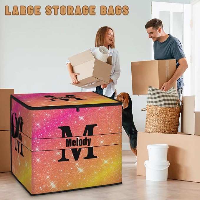 Custom Storage Baskets Cubes for Home with Name, Initial letter Large Foldable Organizer Storage Bins for Home Blanket Comforters Clothes Closet Nursery, Pink Yellow Orange Bling Shiny Stars