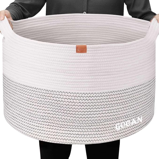 Cotton Rope Woven Laundry Basket 22"X 22"X 14" with handles(Beige) XXXL | Hand-woven, ideal for storing blankets and cushions in the living room, and clothes for household storage.