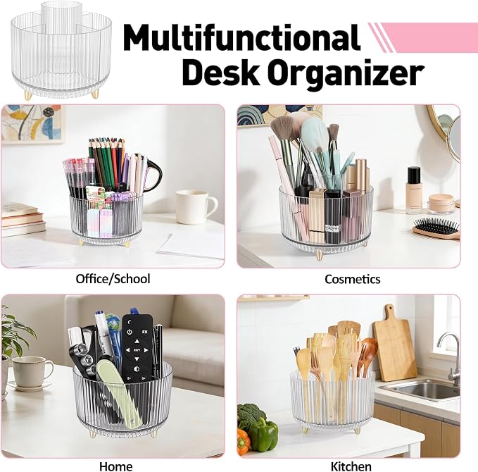 360 Rotating Pen Pencil Holder for Desk, Pen Organizer with 5 Slots | Makeup Brush Holder, Desk Organizer and Accessories, Cute Pencil Cup Caddy for Office School Home Decor Art Supply (Clear)
