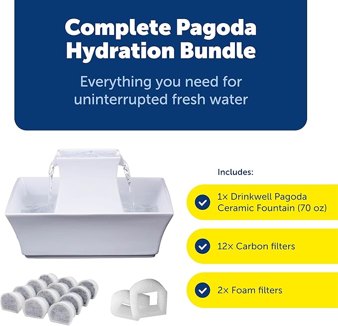 PetSafe Drinkwell Pagoda Pet Fountain 70 oz/ 2L Capacity,Elevated Indoor Ceramic Cat Water Fountain, 2 Levels of Free-Falling Stream, Included Carbon & Foam Filter Provide Fresh Water with Every Sip