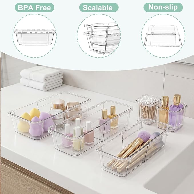 PrecisionAuto Expandable Drawer Organizer Set | Clear PET Plastic Desk Dividers for Office, Kitchen, Bathroom, and Vanity, Adjustable, Multi-Size Storage Bins Space-Saving