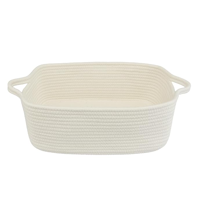 XUANGUO Medium Woven Cotton Rope Storage Basket with Handles, White | Small decorative rectangle storage bin for baby nursery items and cat toys; ideal as an empty gift basket or dog toy basket