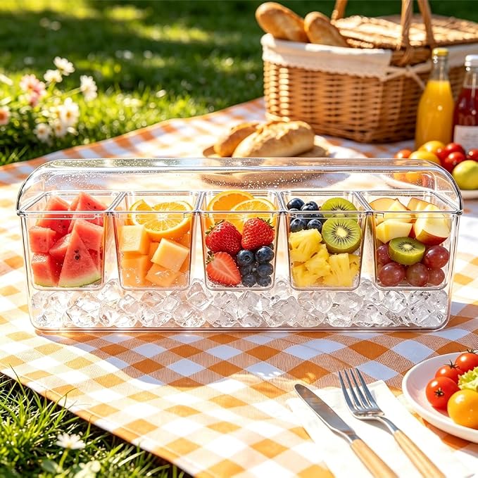 OBTANIM 16 Inch Ice Chilled Condiment Server Caddy Plastic Clear Food Storage Container Garnish Tray with Lid and 5 Removable Compartments for Bar Party Fruit Salad