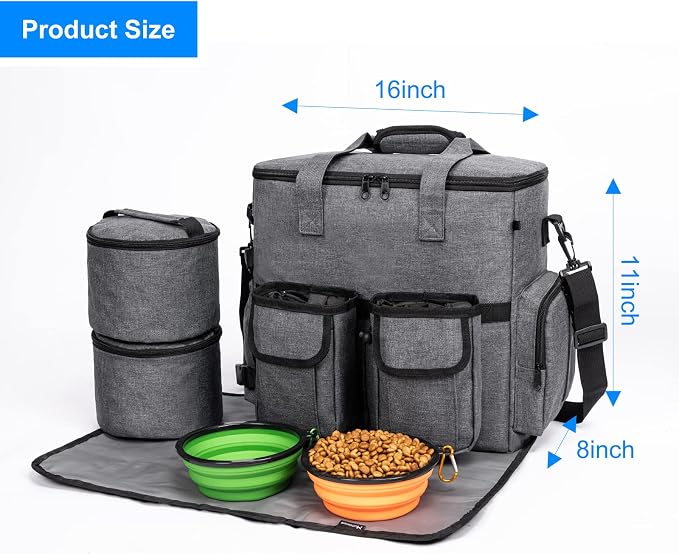 Modoker Dog Travel Bag Backpack, Airline Approved Pet Accessories Organizer for Dog and Cat with Shoulder Strap, 2 Dog Food Storage Containers, 2 Collapsible Dog Bowls,1 Pet Mat, Rose Red | Dog travel accessories set with feeding supplies, bowls, mat, ...