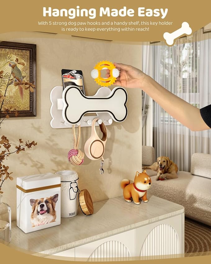 MTERSN Dog Leash Holder for Wall for Apartment Essentials, Black & White | Chic 3D Puppy Paw Hooks for Dog Leash, Doggie Bone Shape, Key Holder for Wall with 5 Hooks, Dog Stuff Storage Shelf