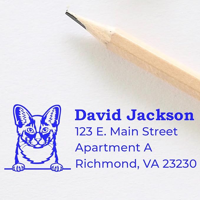 Peeking Oriental Longhair Cat Wood Handle Address Stamp - Crisp Imprint | Custom Oriental Longhair Cat Snail Mail Stamp. Uses a separate ink pad. Rubber Address Stamp for Cat Dads. 4 lines.