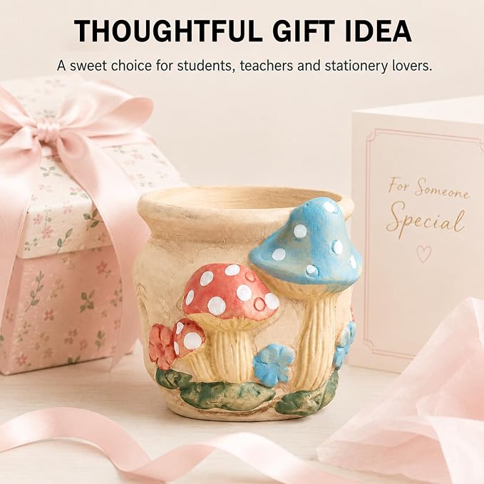 Ceramic Mushroom Shaped Pen Pencil Holder for Desk Decoration Accessories Mushroomb Decor Makeup Brush Pen Cups Office School Ideal Gifts for Women, Mom or Birthdays