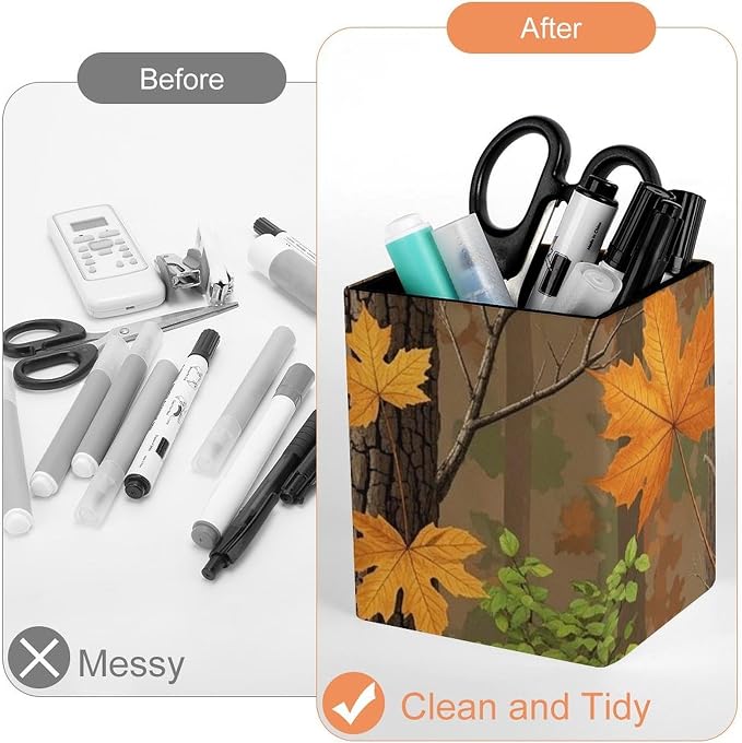 Pu Leather Pencil Cup for Men Women Desktop Square Pen Pencil Holder Hunting Camo Fall Maple Leaf Stationery Container Box for Office Supplies