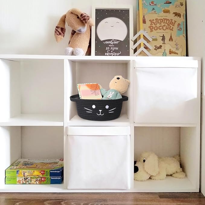 Small Cat Toy Basket, 10”x10”x4” Black Cotton Rope Storage Bin with Handles, Woven Cat Organizer Box for Indoor Pets, Cute Kitty Easter Basket Gifts Empty, Cat-Shaped Boo Halloween Bin