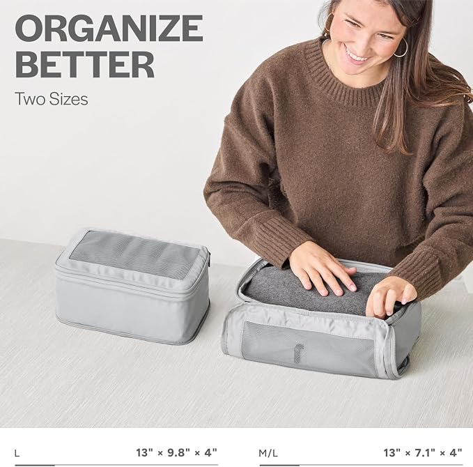 Compression Packing Cubes for Travel, 2-Pack, Light Grey | Solves overpacking, 2-Piece set fits most carry-ons, 50% Space savings, Compression luggage organizer bags