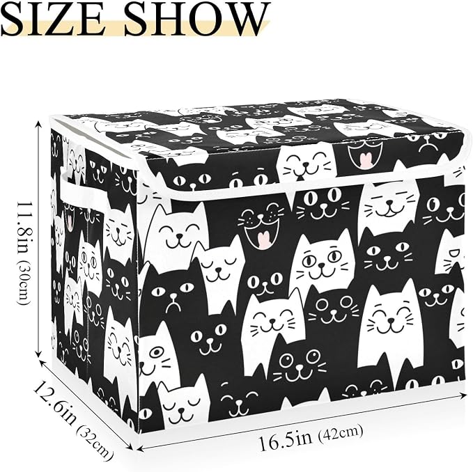 Cat Smile Fabric Storage Bins with Lid Foldable Storage Boxes 40L Baskets | Decorative Storage Boxes, Foldable & Stackable, Dust-Proof Flip Top, Reinforced Handles, For Home & Dorm, Clothes & Toy Box
