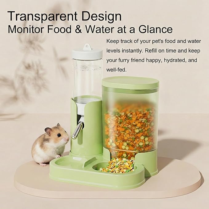 No Drip Hamster Water Bottle, 2 in 1 Automatic Hamster Water Dispenser & Food Bowl, Freestanding Small Animal Water Bottle Cage Accessories for Dwarf Hamster, Gerbil, Rat, Mice (Green)
