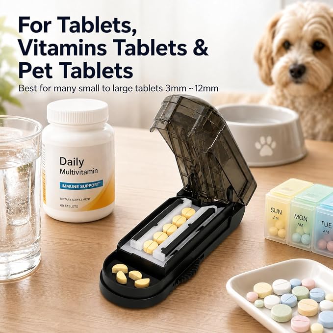 ONE PIX Pill Cutter Splitter for Small and Tiny Pills, Multiple Pill Splitter with Centering Device & Hidden Blade, Adjustable Tablet Cutter for Large Pills, Seniors, Pets, Grey