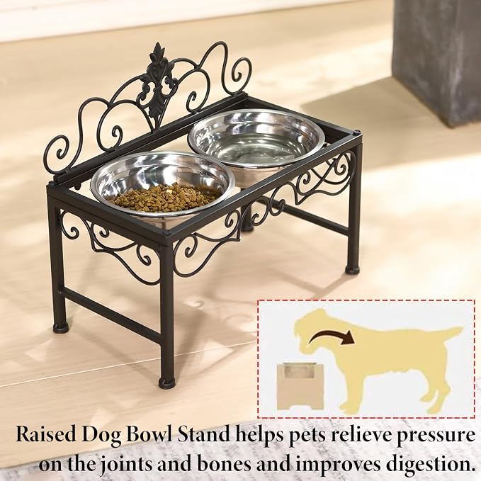 9" H Elevated Dog Bowls for Medium Dogs, Raised Dog Bowl for Food and Water | Matte Black Tall Dog Bowl with Double Stainless Steel Bowls , Perfect for Medium Large Dogs and Pets