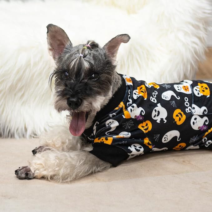 PUPTECK Soft Fleece Dog Pajamas for Small Medium Dogs, Dog Onesie Puppy Sweaters Clothes Jumpsuit Pjs, Cute Jammies Cat Coat Pet Costume Apparel, Halloween Black L