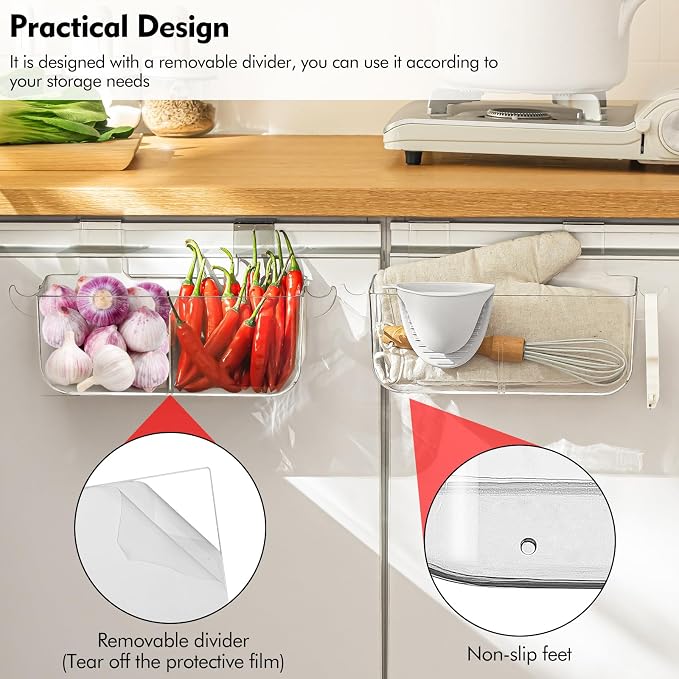Poeland 2 Pack Over Cabinet Door Organizer, Plastic Storage Bin with 2 Hooks, Over Cabinet Holder for Kitchen, Pantry, Bathroom, Inside or Outside Door (Transparent)
