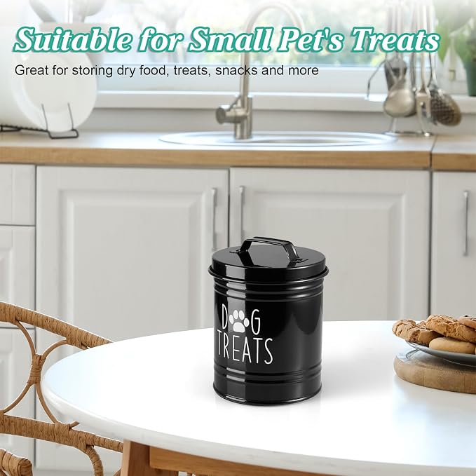 OUTNILI Small Dog Treat Container Airtight - 6" Tall X 4.9" Round Black Dog Treat Jar for Kitchen Counter - Rustic Treat Storage Canister for Dogs, Cats, Small Animals - Gifts for Pet Owners